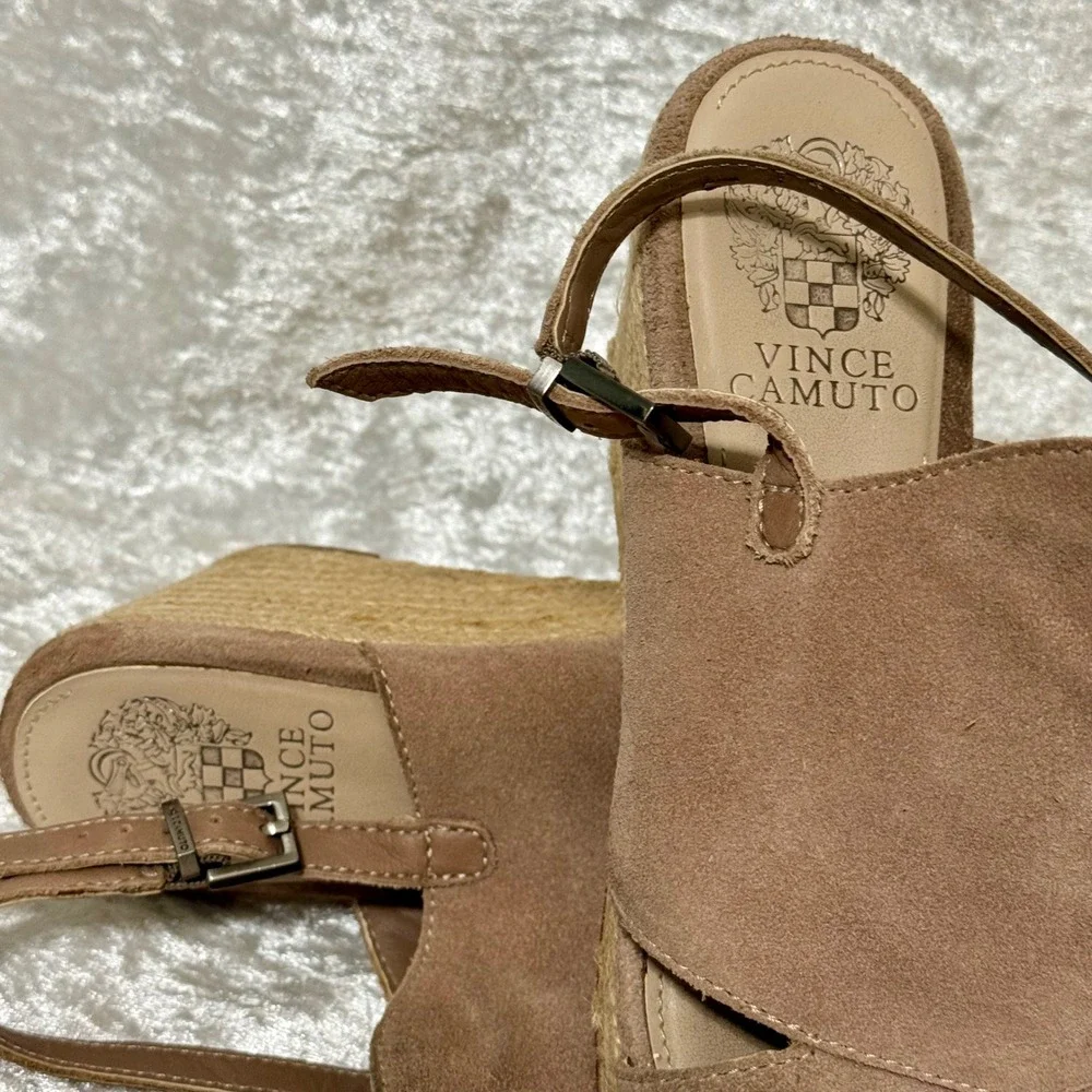 Vince Camuto Women 8.5M Tan Suede Espadrille Wedge Sandals Open Toe‎ Ankle Strap